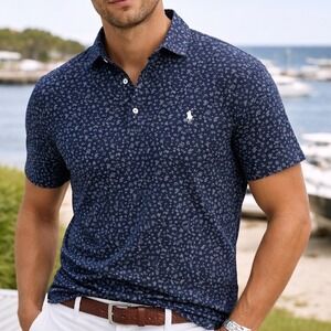 WB3 Polo Ralph Lauren Mens Custom Slim Fit Floral Polo Shirt Navy Blue Large